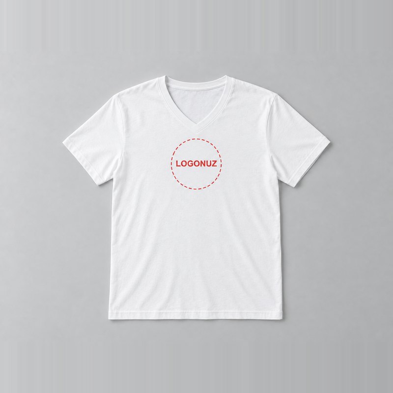 V yaka tişört — logo baskı yeri